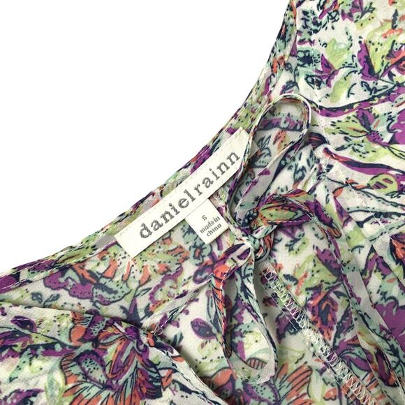 Daniel Rainn Dress Tie Neck Floral Print Short Sleeve Sheer Women's Small Flowy - Picture 2 of 7